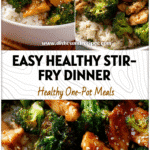 Bowl of Chicken Broccoli Stir-Fry with rice and shredded chicken for an easy healthy dinner recipe.